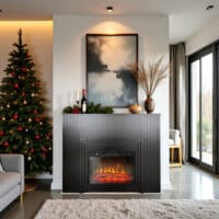 Semineu electric 3D cu riflaje ElectricSun LAMELIA negru mat, cu sunet, 3 culori, Wi-Fi cu APP internet, L120xH102cm